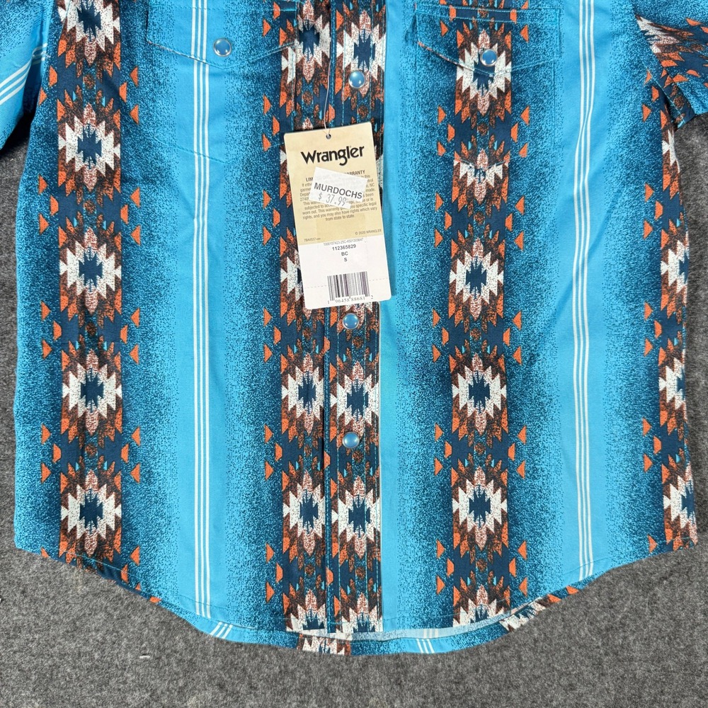 Wrangler Checotah Kids Western Snap Shirt Turquoise Blue Aztec Print S 112365829 - Picture 2 of 9